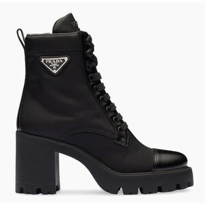 Prada 55MM Logo Lug Sole Platform Black Re-Nylon Leather Ankle Heel Boot 37.5